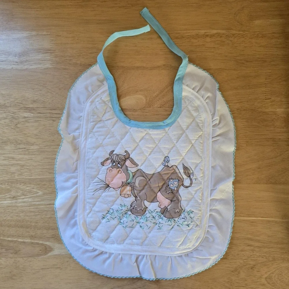 Baby Bib Cow Quilted Cotton, Ruffled Edge, Precious Moments Fabric Vintage NWOT